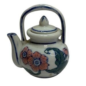 Ben Rickert Miniature Ceramic Floral Teapot Hand Painted Blue Pink White Vintage